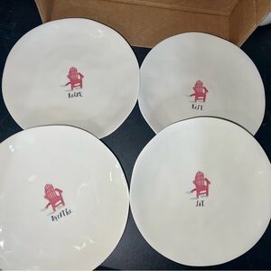 Rae Dunn 10” White melamine Plates with Red Adirondack Chair Design